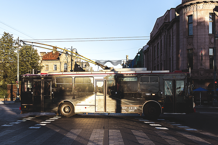 Street artist makes trolleybus disappear in Vilnius, Lithuania